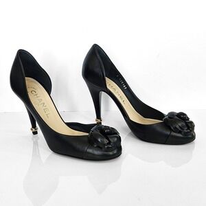 Chanel Black Leather Camellia Half-d'Orsay Pumps 3D‎ Floral Size 37